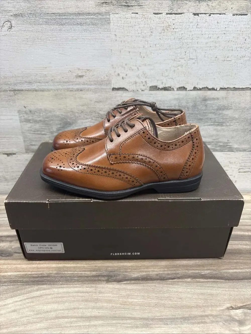 Florsheim Kids' Reveal Wing Jr Leather Shoes 10.5 M Cognac NEW